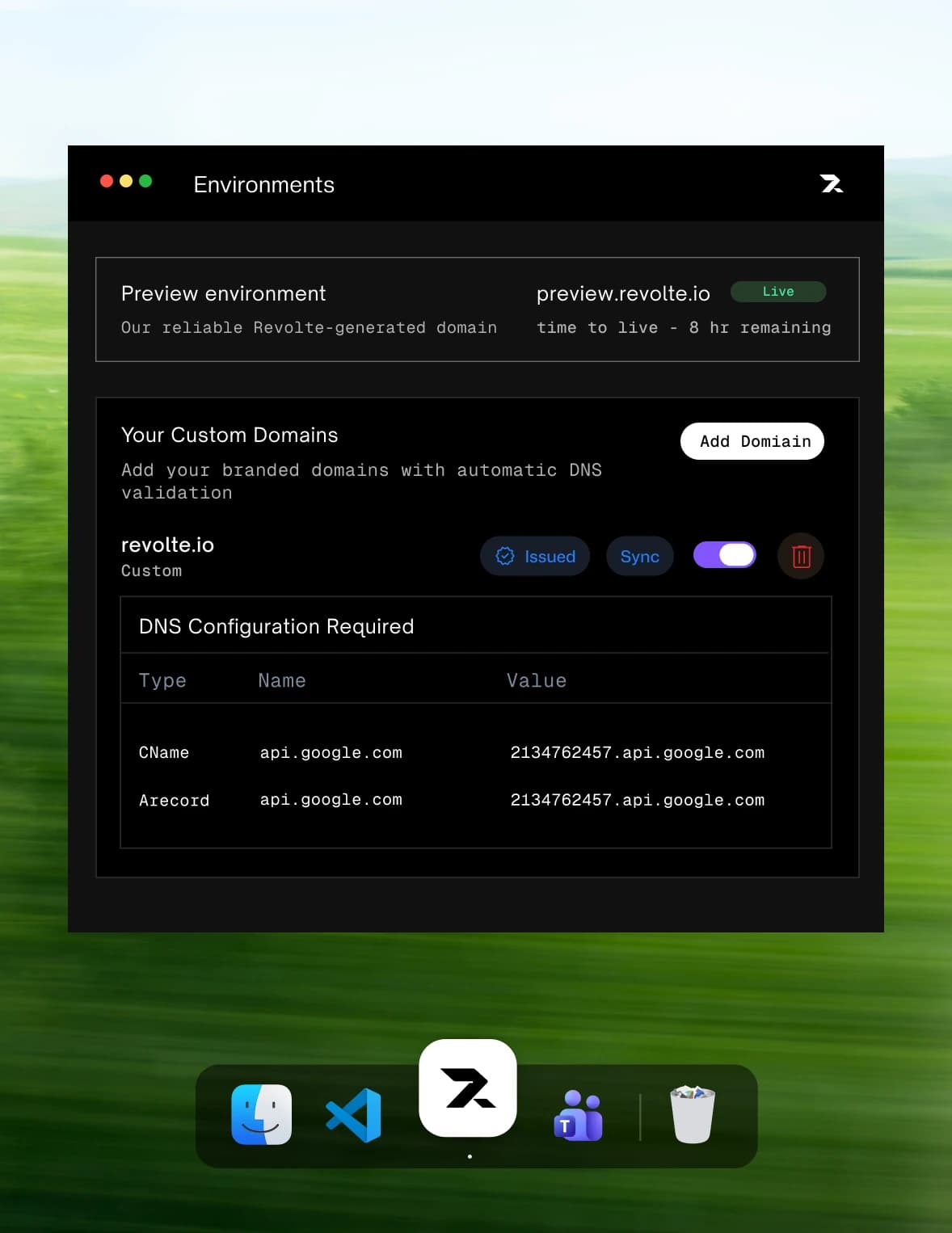 Preview environments showing per-branch deployment with custom domains